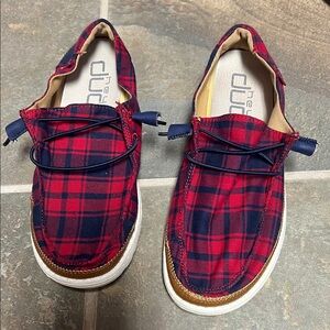 Hey Dude Red and Navy Plaid Slip-On Sneakers